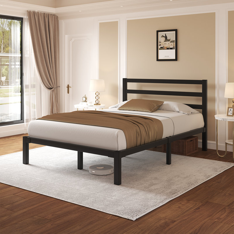 Full Elegant Metal Bed Frame with Classic Headboard, Under-Bed Storage, Easy Assembly, Black, Black, Full