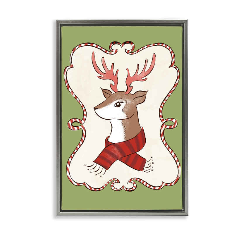 Cerf d'hiver festif dans un cadre flottant écharpe, design par Hannah Moren, H 25 po x l 17 po, Cadre flottant gris lustré
