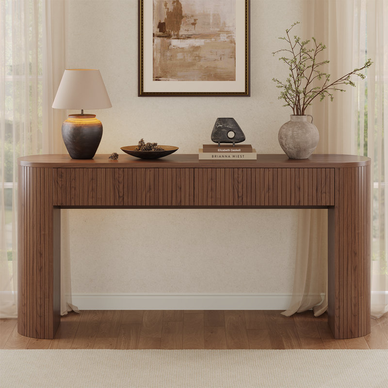 Console 55 po Tambour avec plateau de table ovale pour vestibule de vestibule, H 31,51 po x l 63,01 po x P 13,79 po, Walnut