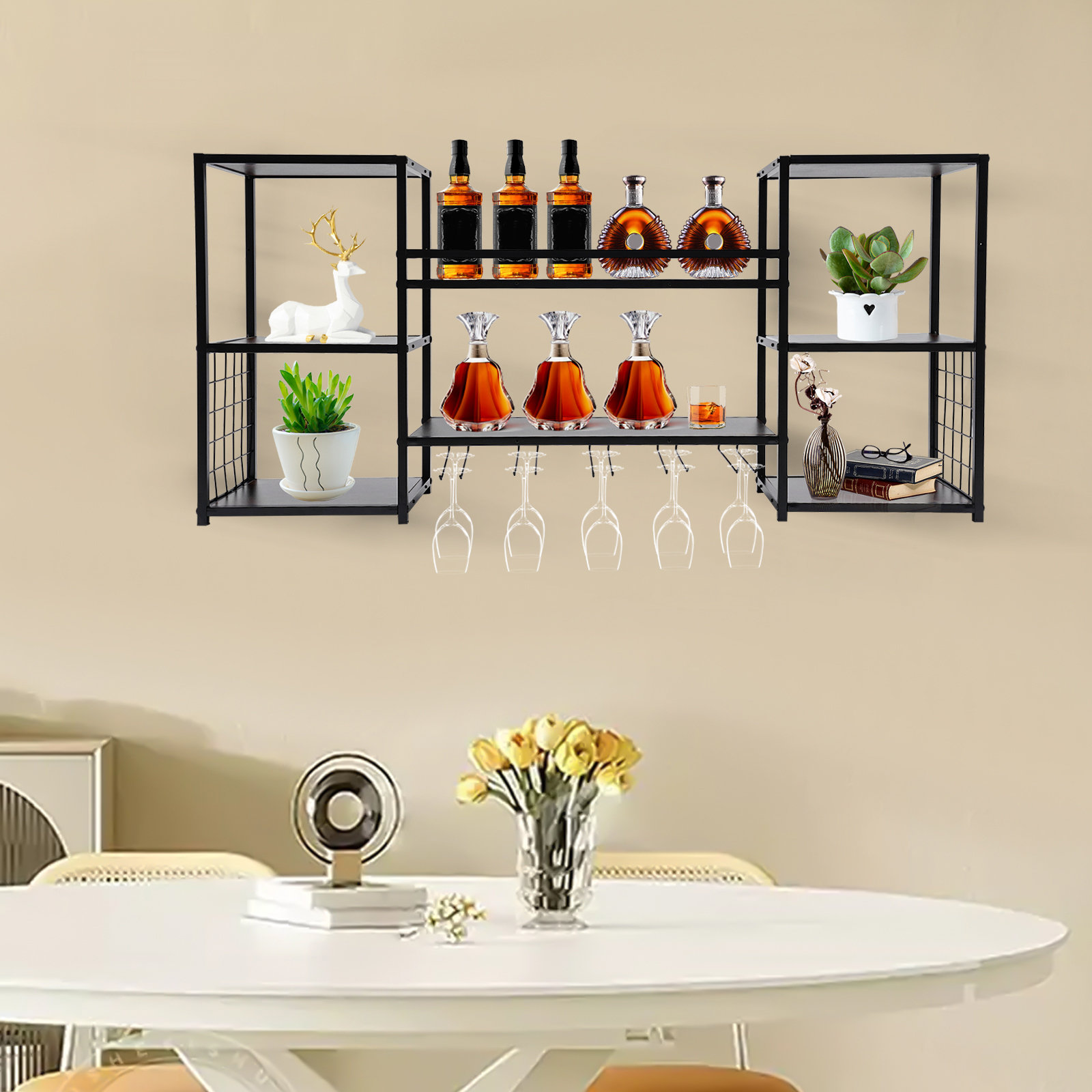 Ebern Designs Jisk Wall Mounted Wine Bottle & Glass Rack in Black | Wayfair