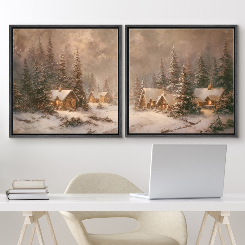 Cozy Snow Cabin Pine Forest Winter Village Night Scène, Cadre flottant noir, H 16" x l 16"