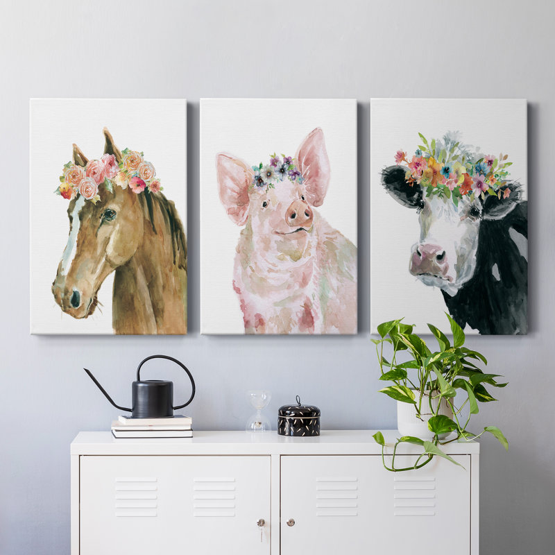 Flower Crown Cow - ensemble de 3 impressions sur toile tendue, H 24 po x l 36 po x P 1 po