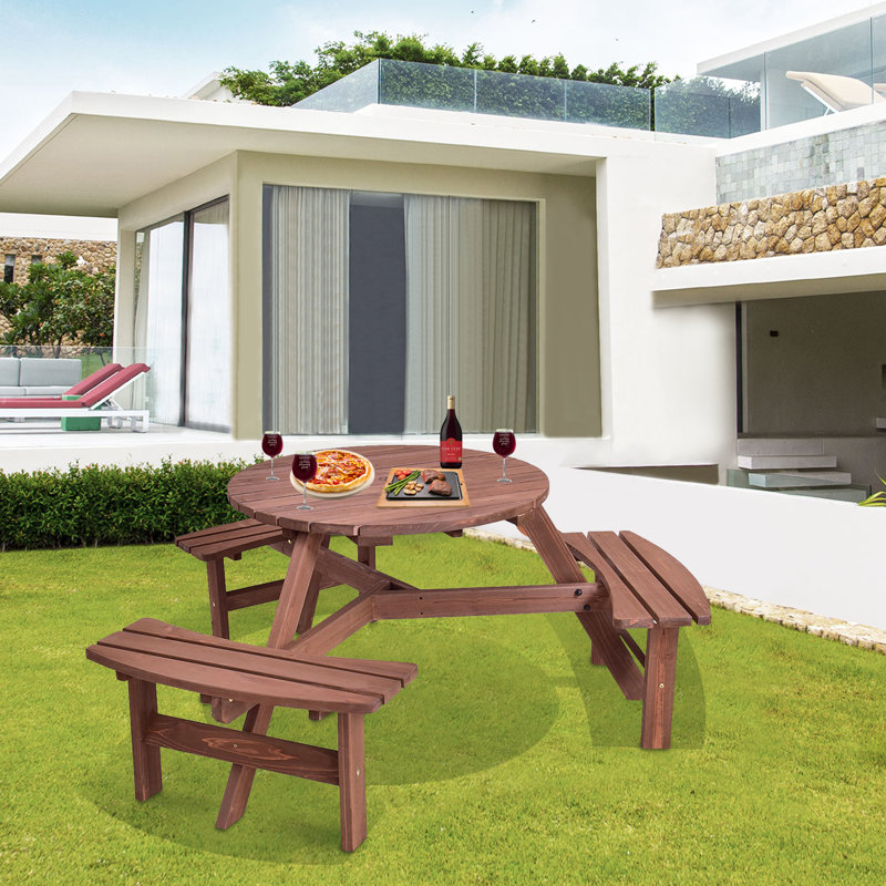 Kristian Round Fir Wood Outdoor Picnic Table With Umbrella Hole , 66.9'' in. W 66.9'' in. D