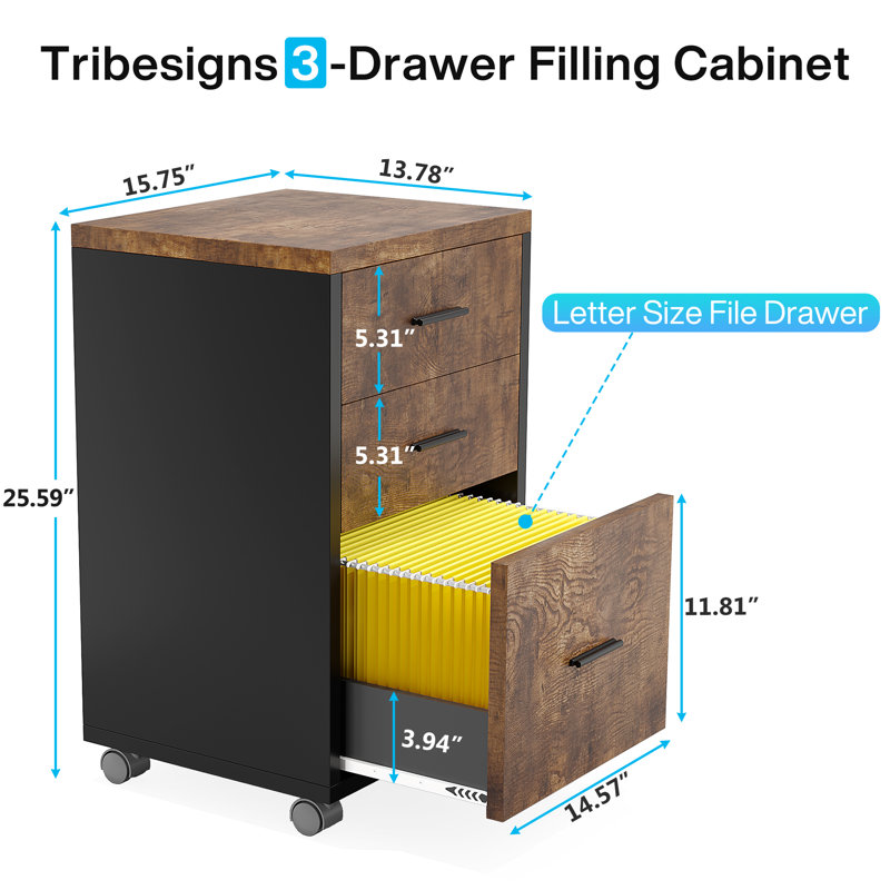 L-Shaped Executive Desk with 3-Drawer File Cabinet, Large Computer Desk for Home Office, Rustic Brown