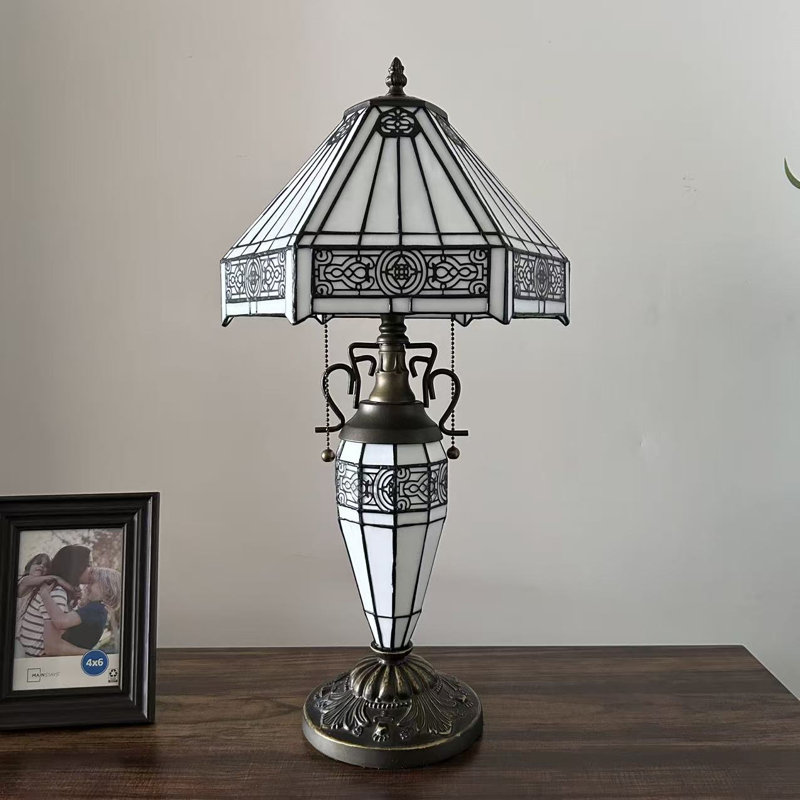 Tiffany Table Lamp White Hexagon Stained Glass Shade Metal Base LED Bulbs Included, 22" H x 12" W x 12" D