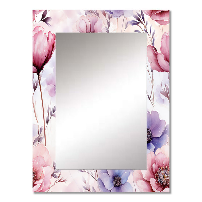Rose et mauve Wildflower Paradise - miroir floral, miroir mural décoratif, art imprimé en métal, 32 po x 24 po