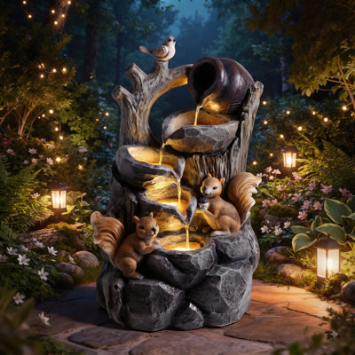 LifeSky Squirrel Outdoor Water Fountain with Warm LED Lights for Evening Patio Gatherings: 2.6 Gal Circulating Waterfall Tree Stump Decor - 55dB Quiet Night Ambiance for Backyard Porch