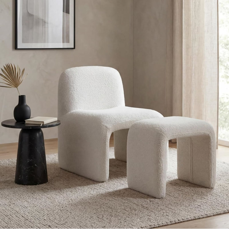 Contemporary Upholstered Accent Chair With Ottoman, White Faux Fur