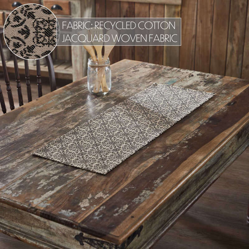 Natural Black Cotton Blend Medallion Table Runner, 12x36 inches