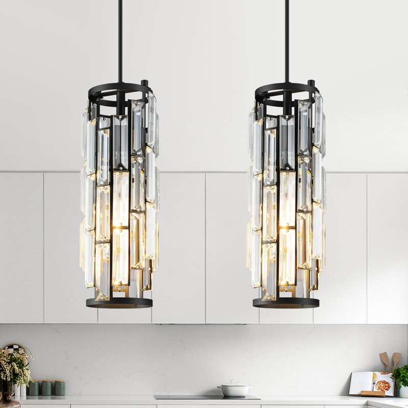 Taveyon Crystal Cylinder Pendant Lights Kitchen Island, Matte Black, 2 Lights