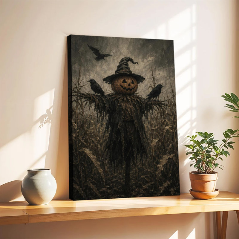 Épouvantail à tête de citrouille avec corbeaux dans un champ de maïs - Toile murale rustique pour l'Halloween, 20x24in