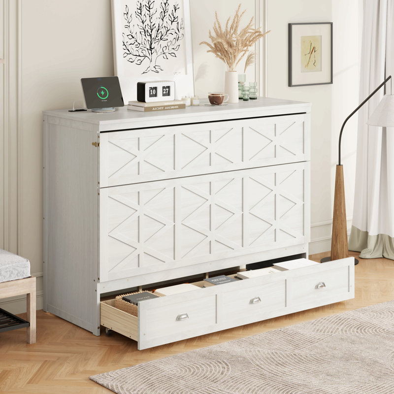 Grand lit escamotable avec grands tiroirs et USB, Blanc