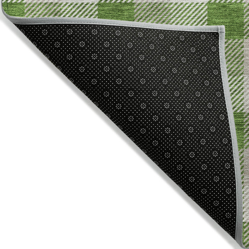 Emerald Green and Beige Plaid Washable Synthetic Area Rug