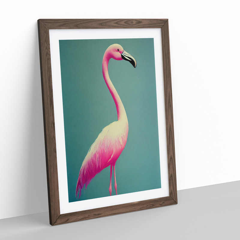 Charming Flamingo - Wall Art, 66cm H x 48cm W x 2cm D, Walnut Framed, White