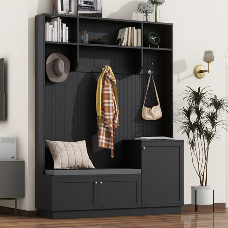 Portemanteau élégant avec des solutions de confort et de rangement, armoire à chaussures fonctionnelle avec banc et coussin, portemanteau moderne avec crochets pour les entrées
