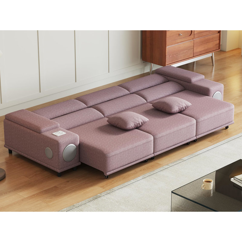 3 canapés modulaires inclinables électriques avec télécommande, haut-parleurs, recharge sans fil et 2 boîtes de rangement pour le salon, siège mi-ferme rose, structure en bois d'eucalyptus, fauteuil inclinable électrique principal 3
