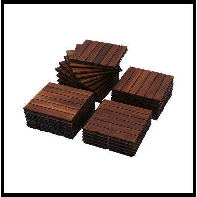 10 PCS Interlocking Deck Tiles Striped Pattern, 12" X 12" Square Acacia Hardwood Outdoor Flooring For Patio, Bancony, Pool Side,...
