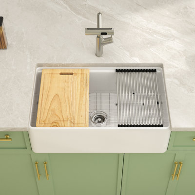 33'' L x 20'' W Ceramic Apron Workstation Kitchen Sink with Sink Grid, Strainer, Colander, Cutting Board and Roll-up Rack
