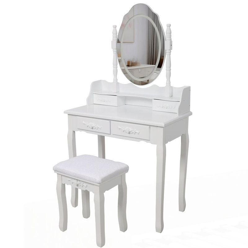 Ensemble de coiffeuse avec miroir et tabouret rembourré, Blanc