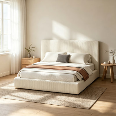 AirFrame Queen Bed Frame with Adjustable Sliding Side Table, 8.7'' Cloud Upholstered Corduroy​ Sponge Cushion, Easy Assembly