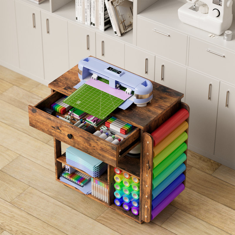 Craft Table Craft Cart Cricut Machine Crafting Cabinet Table for Craft Room, Brown/Black
