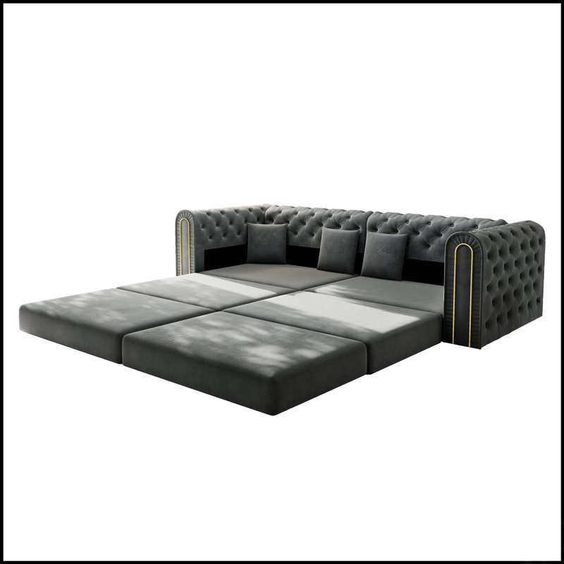 Canapé-lit polyvalent convertible trois places avec pouf amovible et capitonnage à boutons pour les espaces de vie modernes