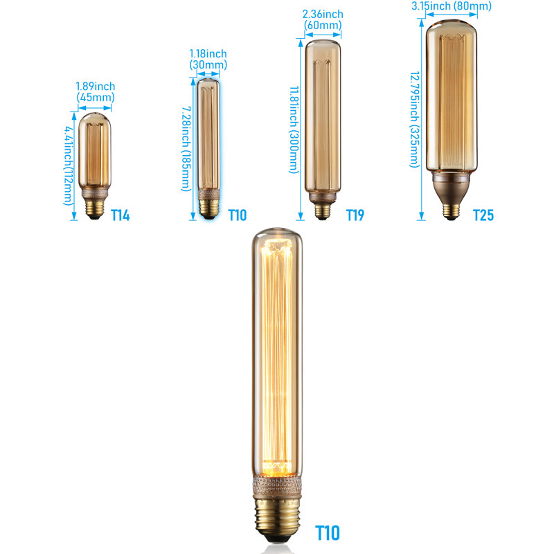 Goldleaf T10 LED Edison Bulb, Dimmable Vintage Light Bulb, Amber Glass, E26 Base