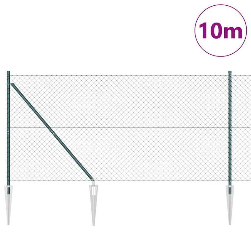 Vidaxl Chain Link Fence With Posts Steel, Green, 120cm H x 10000cm W x 2.7cm D