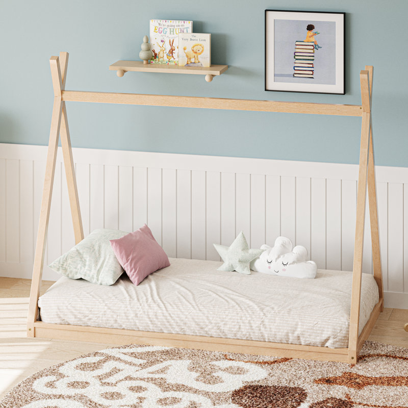 Lit simple au sol avec structure en pin robuste Twinnix Montessori, Naturel