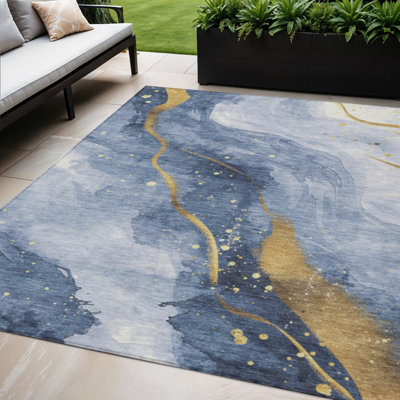 Tapis intérieur lavable abstrait bleu et doré 5 pi x 8 pi
