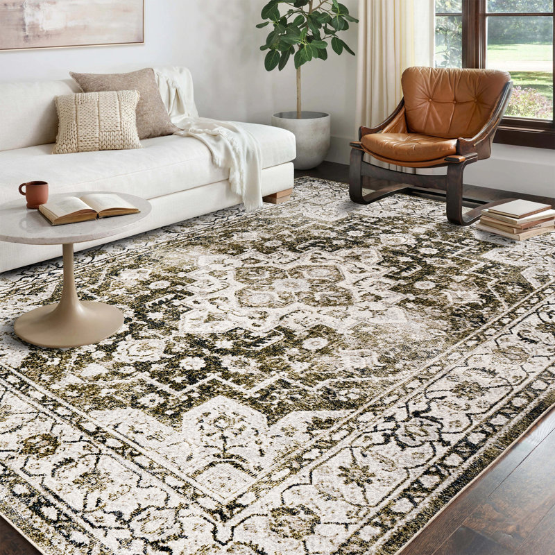 Floral Border Foldable Washable Area Rug –Light Green, Rectangle 7' x 10'