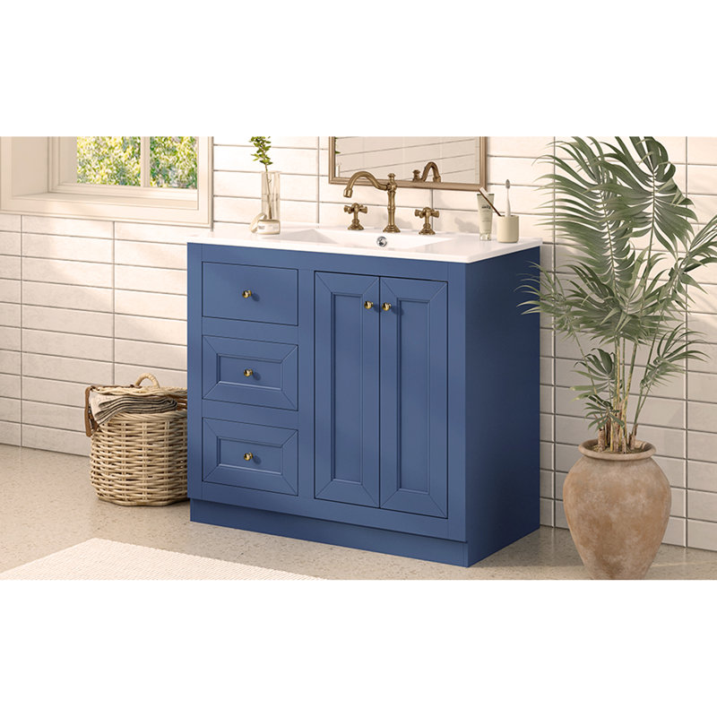 Meuble-lavabo de 36 po avec lavabo en céramique, armoire de rangement autoportante avec 2 tiroirs et tablette, fabrication en bois massif et panneau de fibres à densité moyenne
