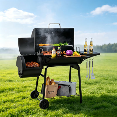 Black Charcoal Grill With Side Smoker, Offering 823 Sq.In Cooking Area, Perfect For Outdoor Camping.
