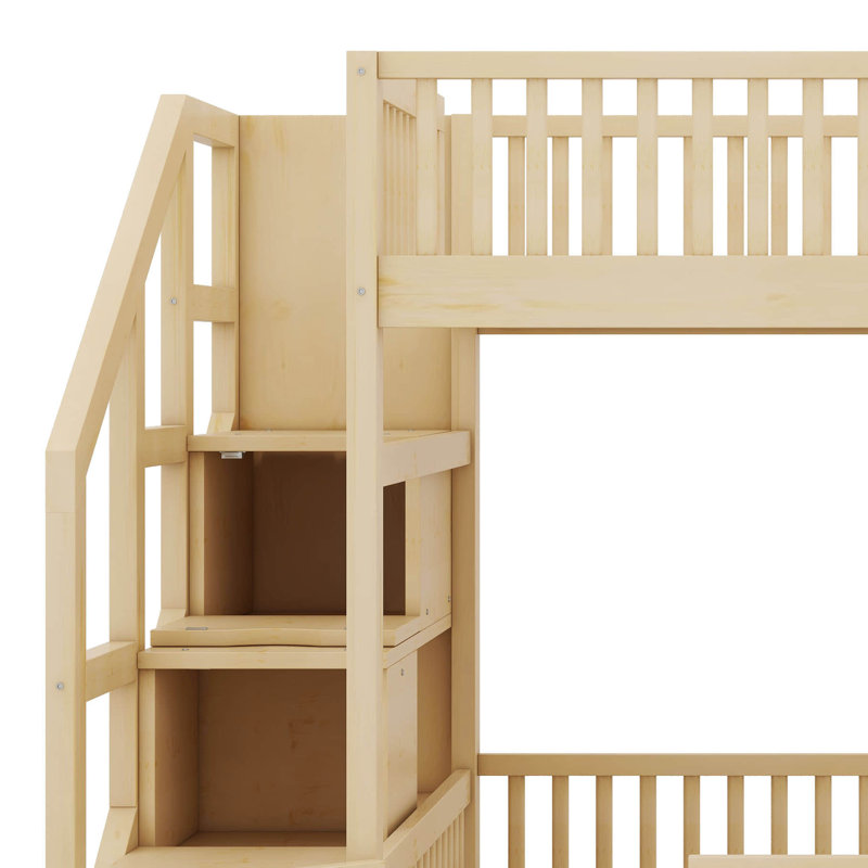 Lit superposé avec escalier de rangement et garde-corps, structure de lit superposé au sol en bois avec support de lattes robustes