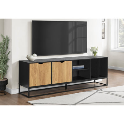 Meuble télé 72 po en métal noir et stratifié contemporain pour centre multimédia dans le salon avec console de divertissement