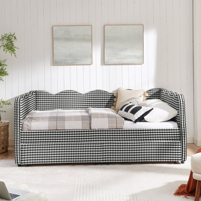Lit de jour en vichy double avec deux tiroirs de rangement, port USB et adorable tissu en forme de vague