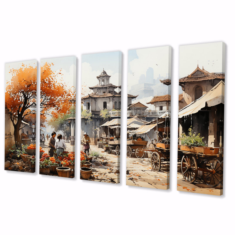 Vietnamese Countryside Market II - Décoration murale Vietnam - 5 panneaux égaux