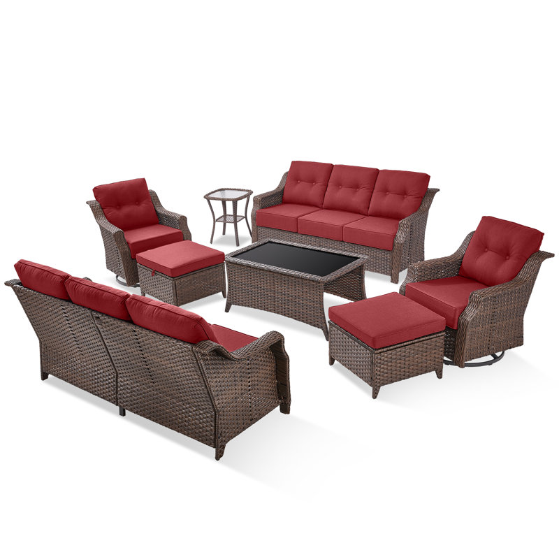 Ensemble de conversation d'extérieur en osier PE pour 8 personnes avec coussins de 6 po Craftedcane, Rouge
