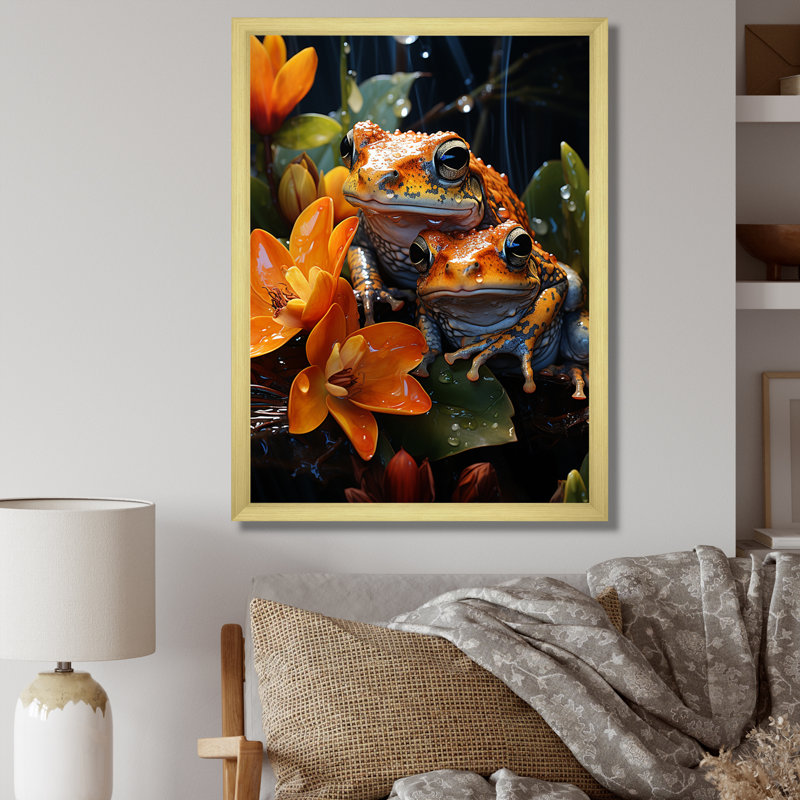 «Orange Frogs on Glass Effect», reproduction sur toile, Cadre doré simple, H 40 po x l 30 po x P 1,5 po