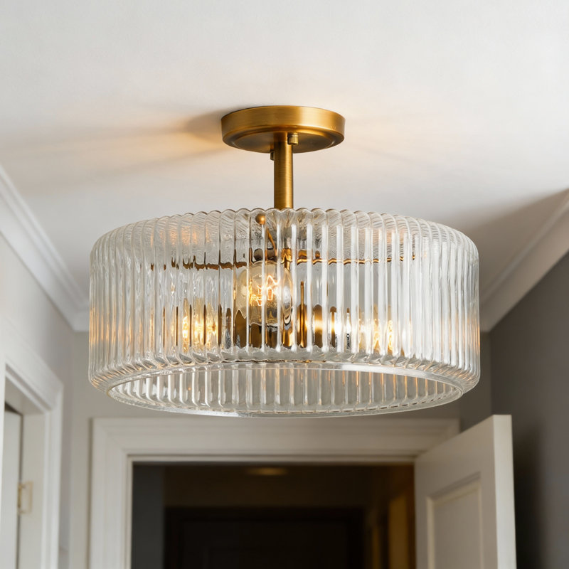 Plafonnier encastré en verre rayé Traditional - 15 po, 3 lumières, laiton antique, H 11,1 po x l 14,96 po x P 14,96 po