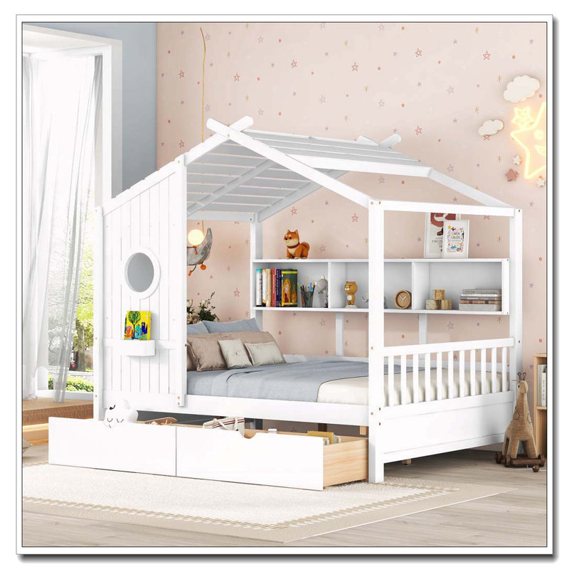 Lit double en bois avec 2 tiroirs, Blanc