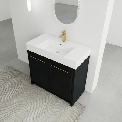 Black Chestnut Freestanding Bathroom Sink Vanity With Resin Basin And Door - 36 Painless Closing Inch Unit