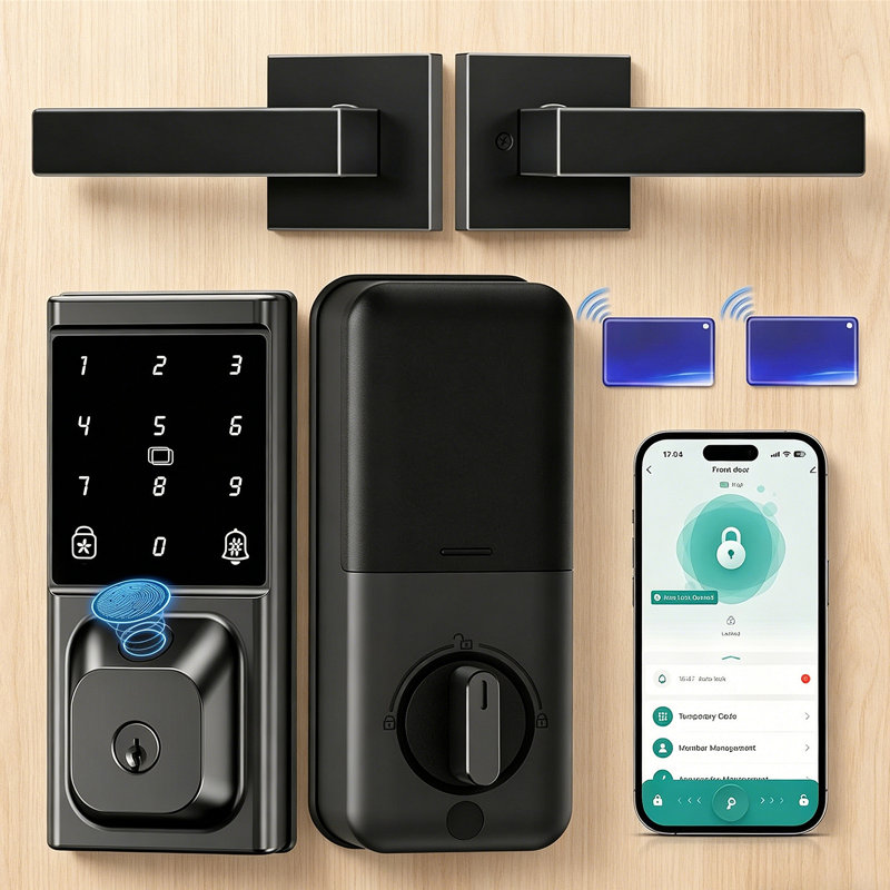 Serrure de porte d'entrée sans clé 5-en-1 avec poignée, empreinte digitale (0,3 s), contrôle de l'application Bluetooth, installation facile sans perceuse, verrouillage automatique, IP54 résistant aux intempéries, pour la porte d'entrée Airbnb
