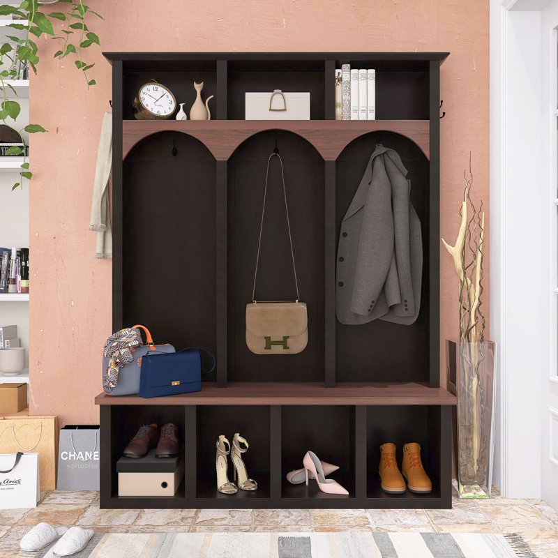 Farmhouse 59" Width X 76.7" Height Hall Tree With Arched Design With Shoe Bench And Coat Hooks, Black