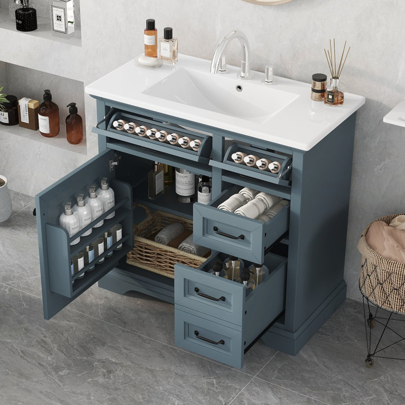 Meuble-lavabo bleu gris 36 po avec lavabo en céramique, charnières à fermeture en douceur et rangement spacieux pour les salles de bain modernes