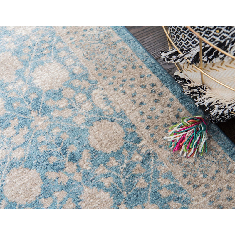 Tapis bleu à motif floral Linz, Rectangle 3 pi 3 po x 5 pi 3 po