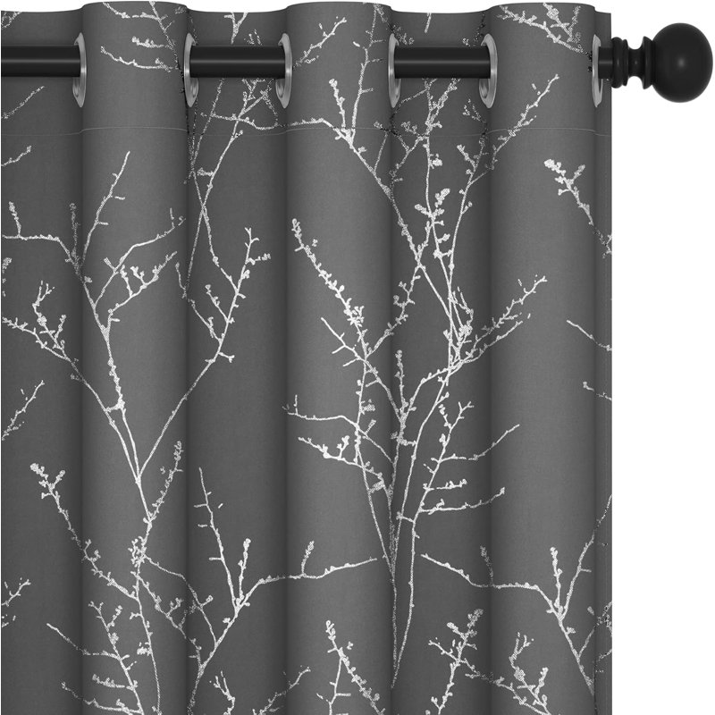 Grey Blackout Eyelet Curtains with Silver Tree Branches 132 x 160 cm (2 Panels)