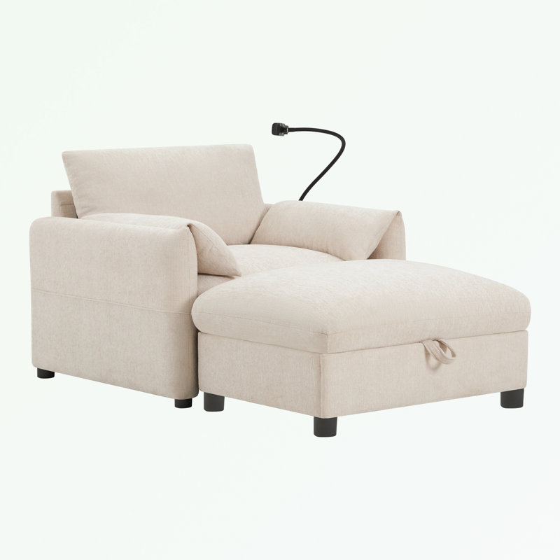Canapé simple avec repose-pieds de rangement, support de téléphone réglable et chargeur USB, Beige