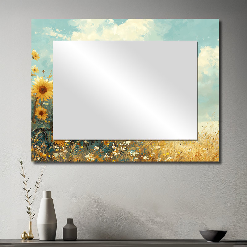 «Countryside Sunflowers In The Wind» - Décoration murale miroir floral - imprimé sur métal, 30 po x 40 po