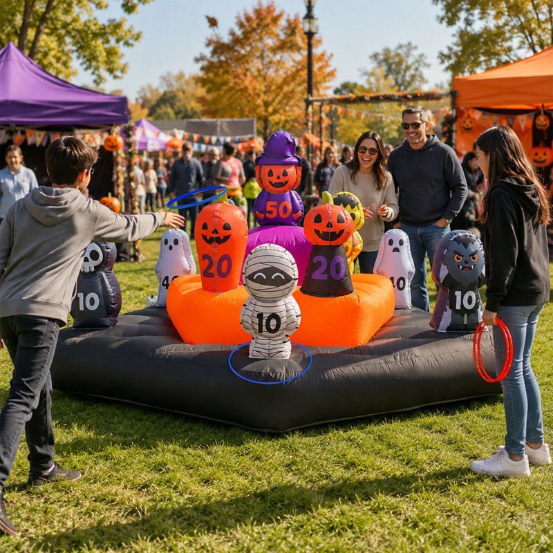 Jeu de lancer d'anneaux gonflables Wellcomer de 3 m avec 20 anneaux et souffleur intégré, jeu de lancer gonflable pour fêtes et événements d'Halloween
